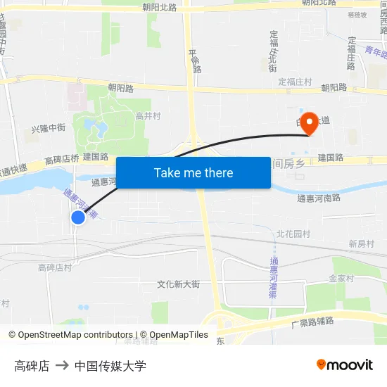 高碑店 to 中国传媒大学 map