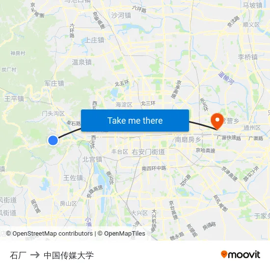石厂 to 中国传媒大学 map
