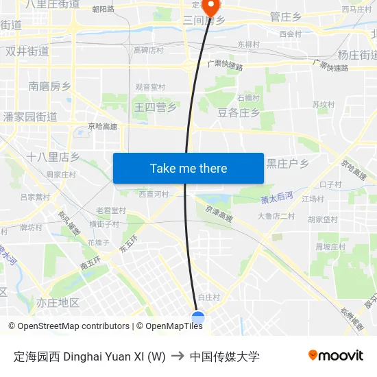 定海园西 Dinghai Yuan XI (W) to 中国传媒大学 map