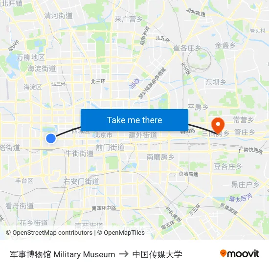 军事博物馆 Military Museum to 中国传媒大学 map