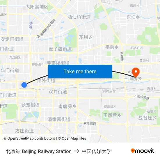 北京站 Beijing Railway Station to 中国传媒大学 map