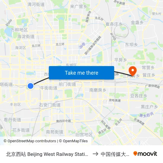 北京西站 Beijing West Railway Station to 中国传媒大学 map