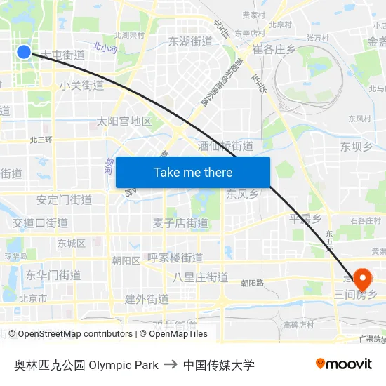 奥林匹克公园 Olympic Park to 中国传媒大学 map