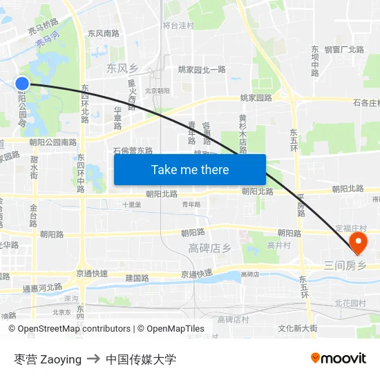 枣营 Zaoying to 中国传媒大学 map
