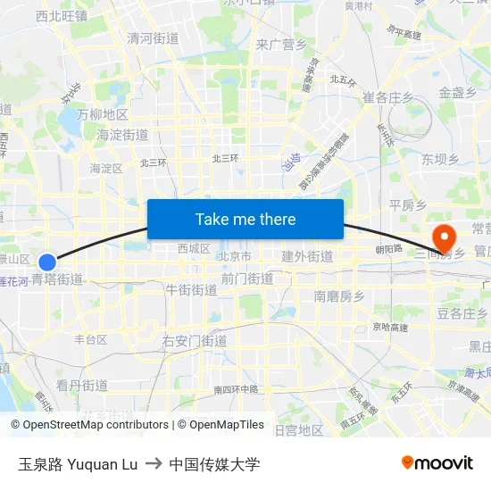 玉泉路 Yuquan Lu to 中国传媒大学 map