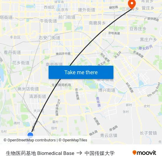 生物医药基地 Biomedical Base to 中国传媒大学 map
