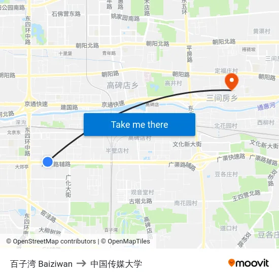 百子湾 Baiziwan to 中国传媒大学 map