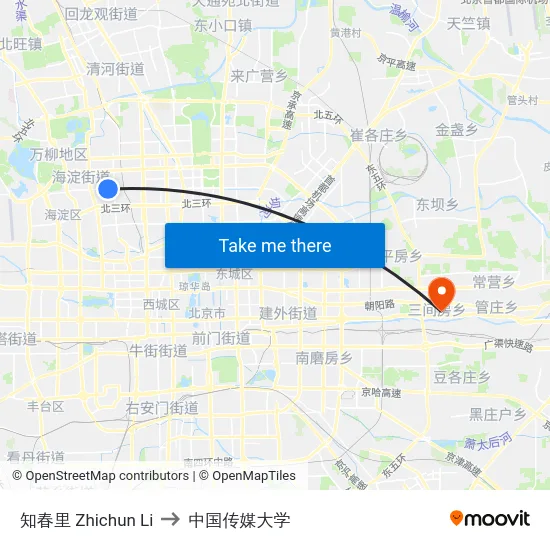 知春里 Zhichun Li to 中国传媒大学 map