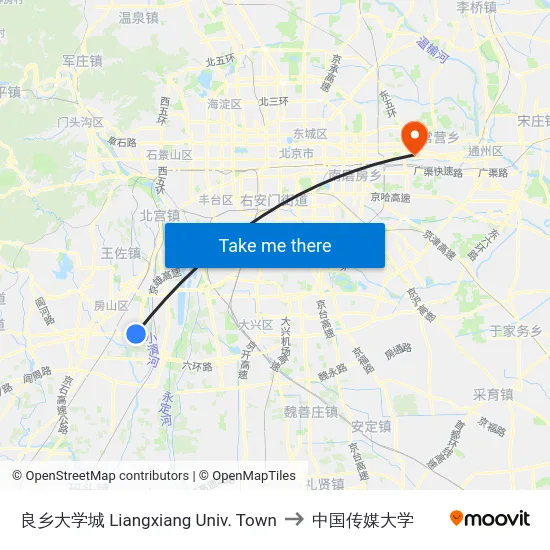 良乡大学城 Liangxiang Univ. Town to 中国传媒大学 map