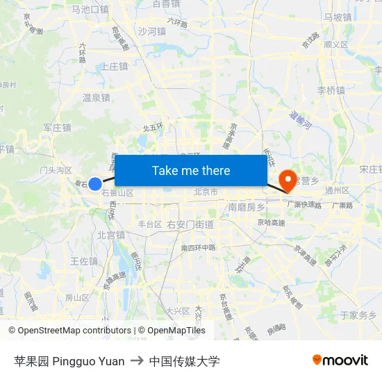 苹果园 Pingguo Yuan to 中国传媒大学 map