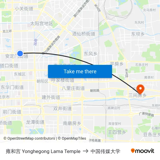 雍和宫 Yonghegong Lama Temple to 中国传媒大学 map