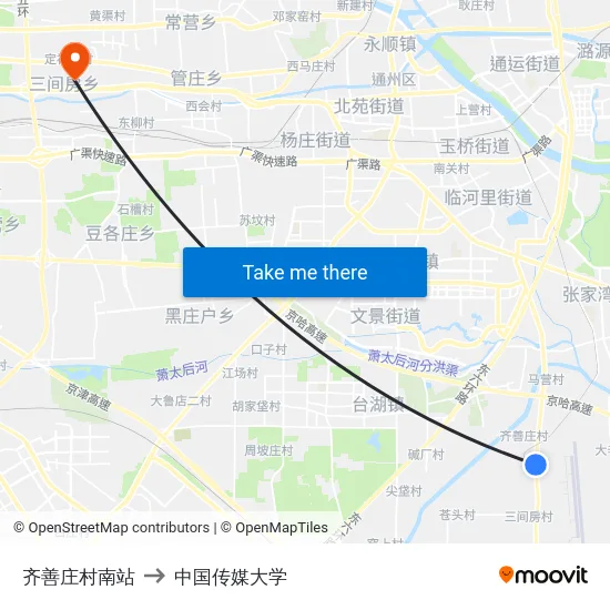 齐善庄村南站 to 中国传媒大学 map