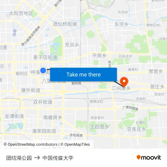 团结湖公园 to 中国传媒大学 map