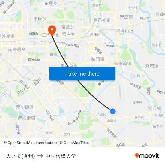 大北关(通州) to 中国传媒大学 map
