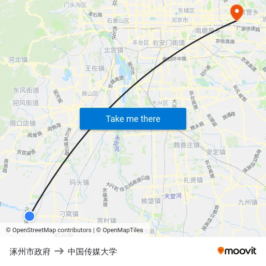 涿州市政府 to 中国传媒大学 map