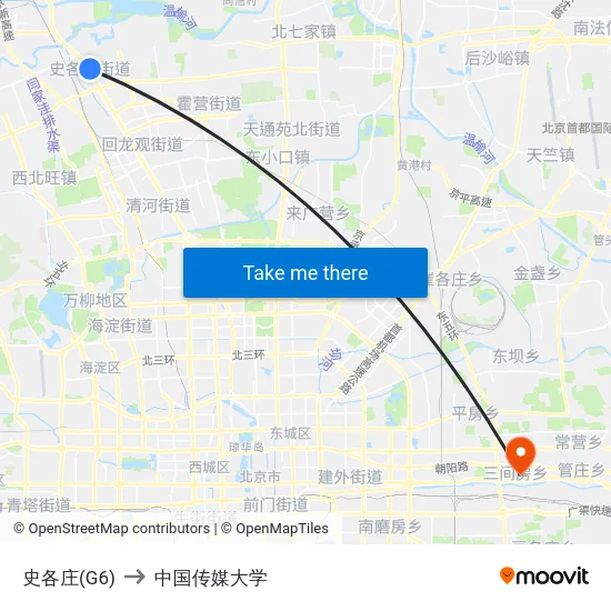 史各庄(G6) to 中国传媒大学 map