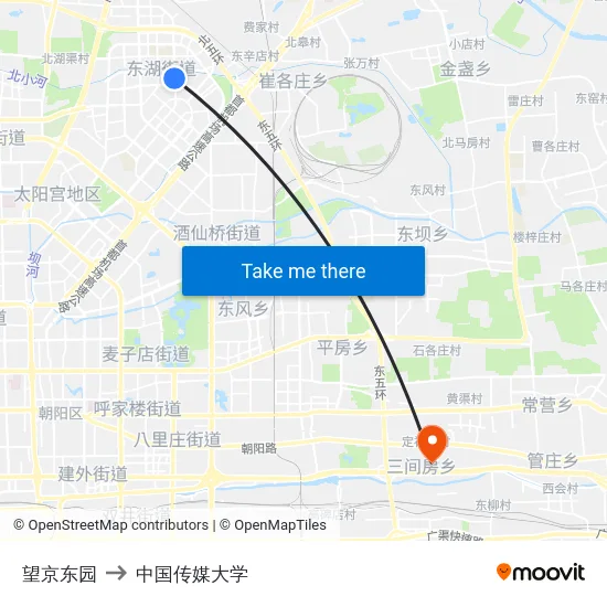 望京东园 to 中国传媒大学 map
