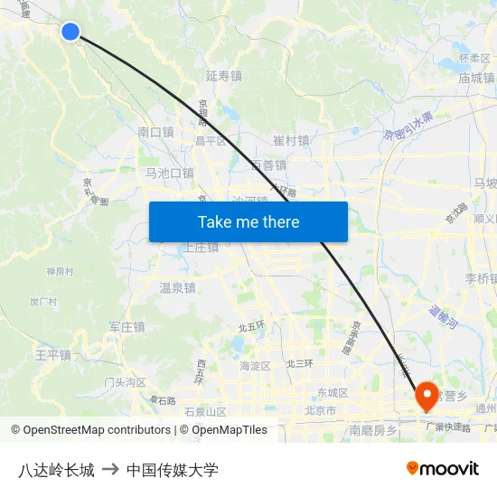 八达岭长城 to 中国传媒大学 map