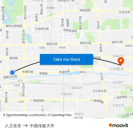 八王坟东 to 中国传媒大学 map