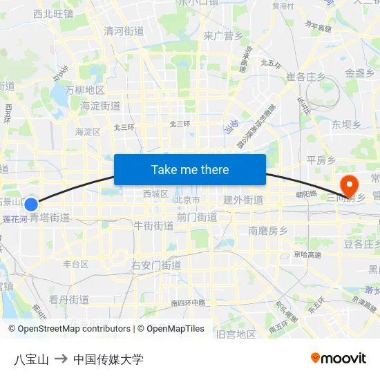 八宝山 to 中国传媒大学 map