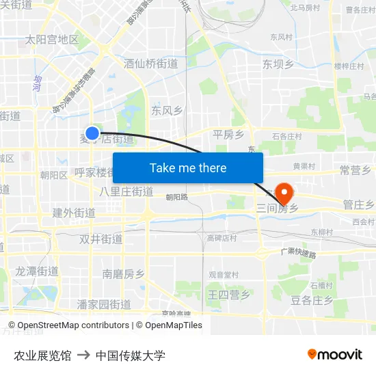 农业展览馆 to 中国传媒大学 map