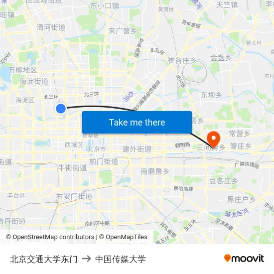 北京交通大学东门 to 中国传媒大学 map