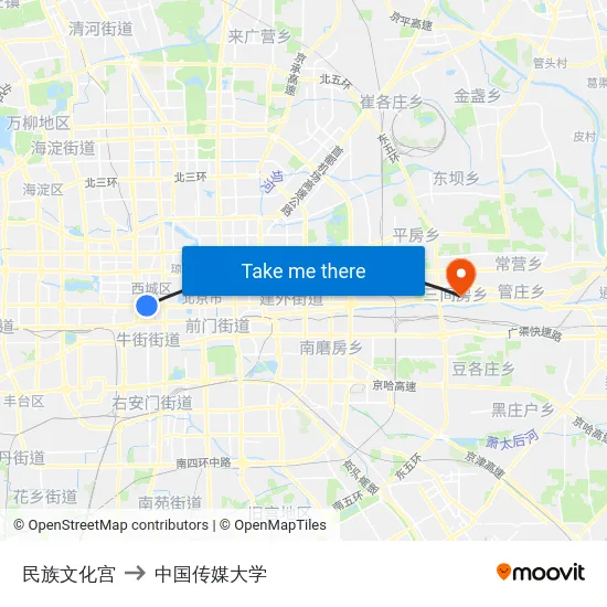 民族文化宫 to 中国传媒大学 map
