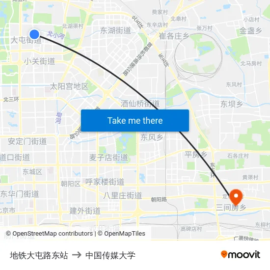 地铁大屯路东站 to 中国传媒大学 map