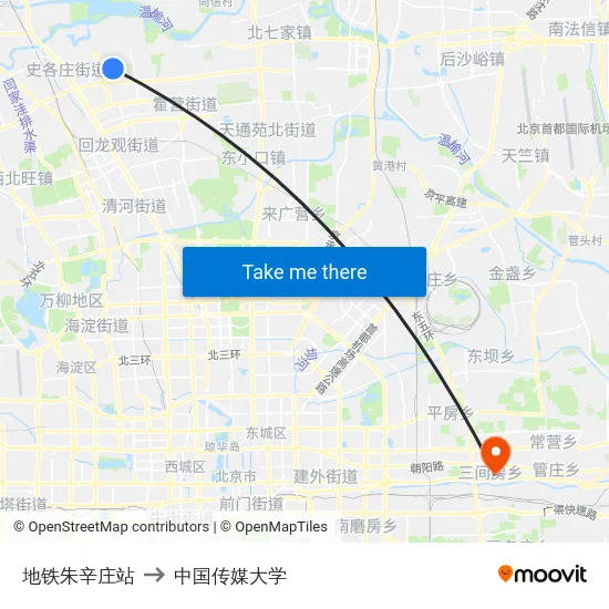 地铁朱辛庄站 to 中国传媒大学 map