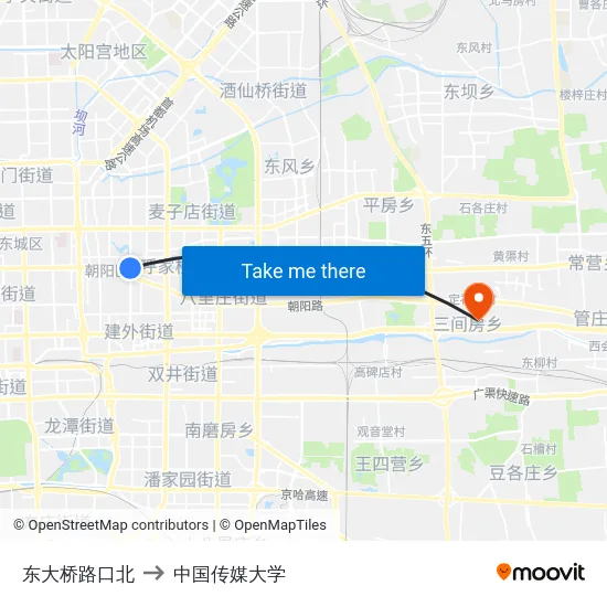 东大桥路口北 to 中国传媒大学 map