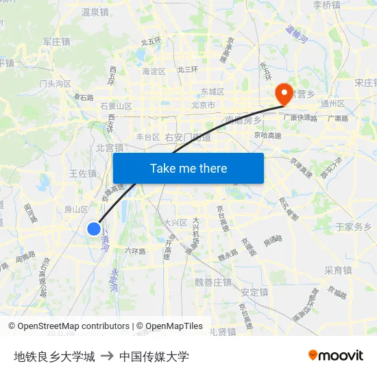 地铁良乡大学城 to 中国传媒大学 map