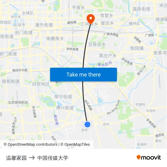 温馨家园 to 中国传媒大学 map
