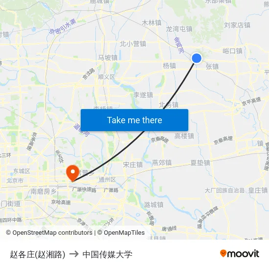 赵各庄(赵湘路) to 中国传媒大学 map