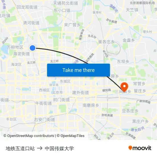 地铁五道口站 to 中国传媒大学 map