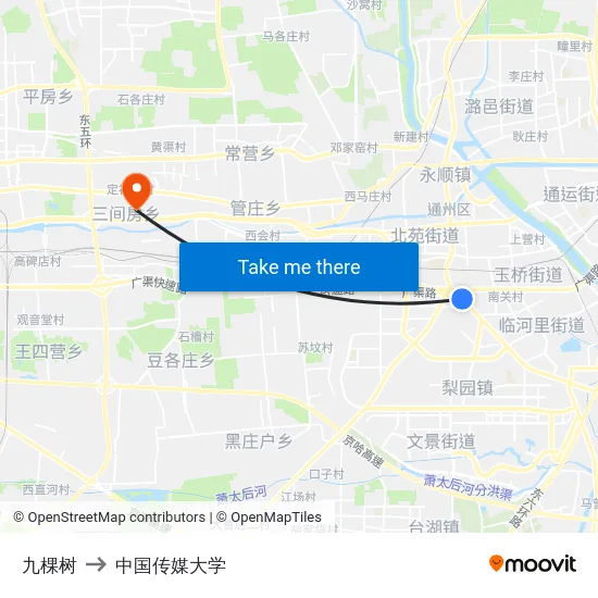 九棵树 to 中国传媒大学 map