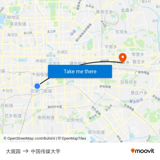 大观园 to 中国传媒大学 map