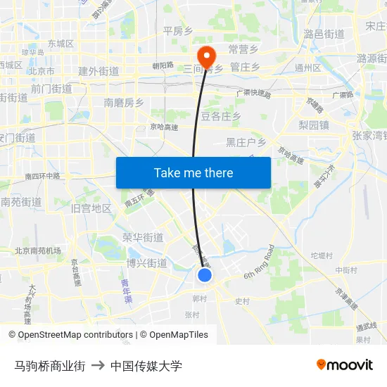 马驹桥商业街 to 中国传媒大学 map