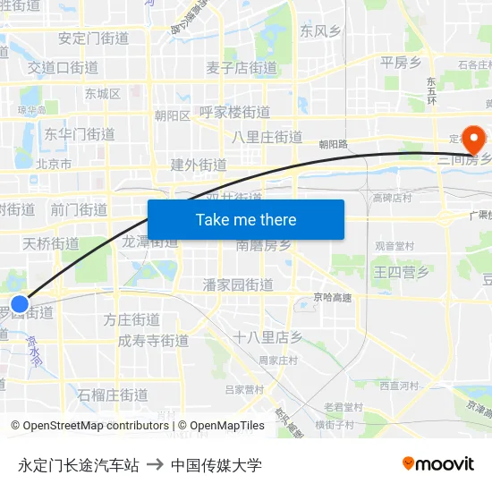 永定门长途汽车站 to 中国传媒大学 map
