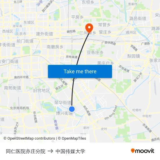 同仁医院亦庄分院 to 中国传媒大学 map