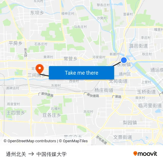通州北关 to 中国传媒大学 map