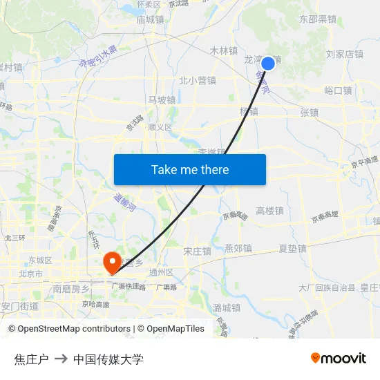 焦庄户 to 中国传媒大学 map