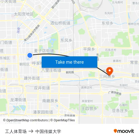工人体育场 to 中国传媒大学 map