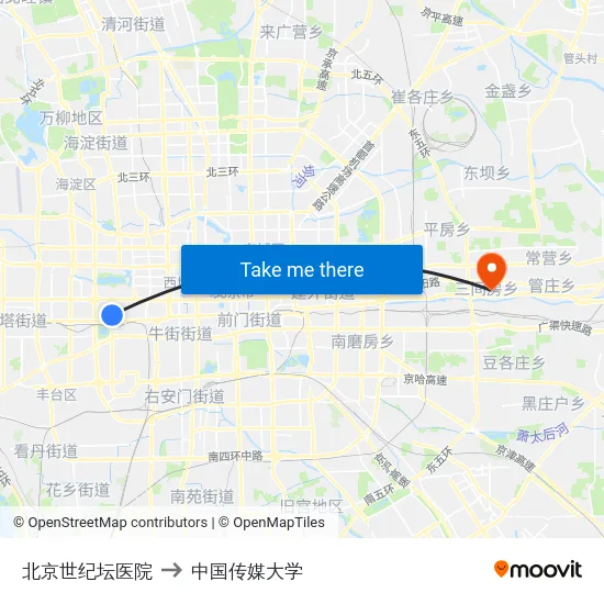 北京世纪坛医院 to 中国传媒大学 map