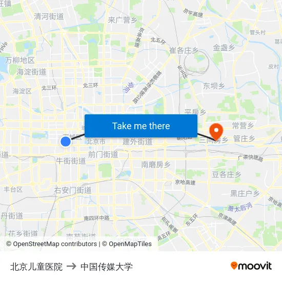 北京儿童医院 to 中国传媒大学 map