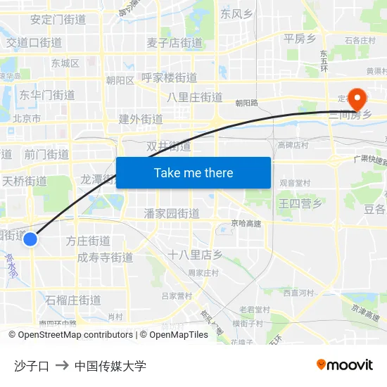 沙子口 to 中国传媒大学 map
