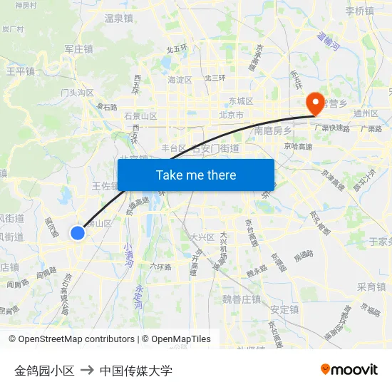 金鸽园小区 to 中国传媒大学 map