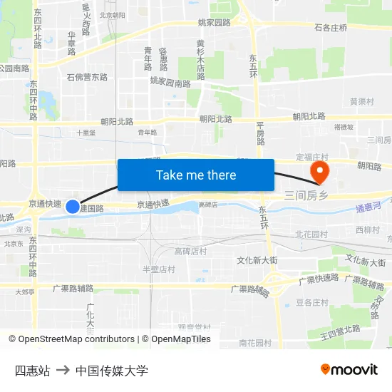 四惠站 to 中国传媒大学 map