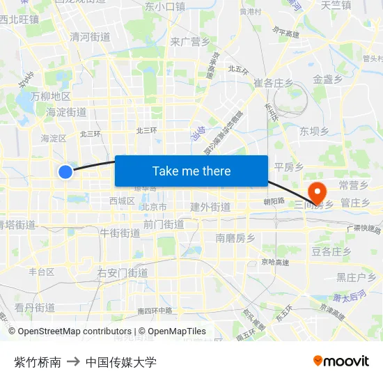 紫竹桥南 to 中国传媒大学 map