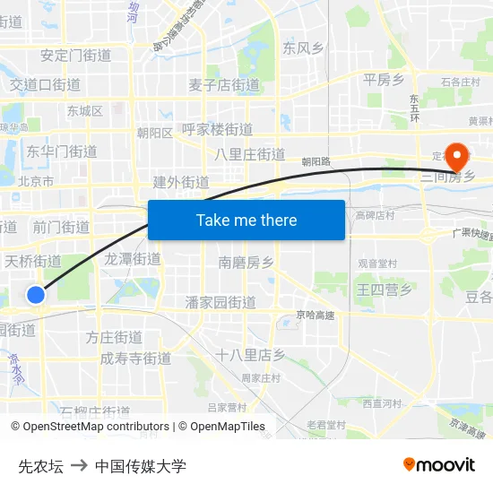 先农坛 to 中国传媒大学 map