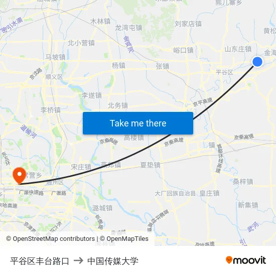 平谷区丰台路口 to 中国传媒大学 map